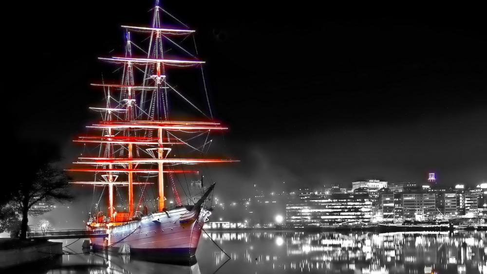 Red masted ship wallpaper
