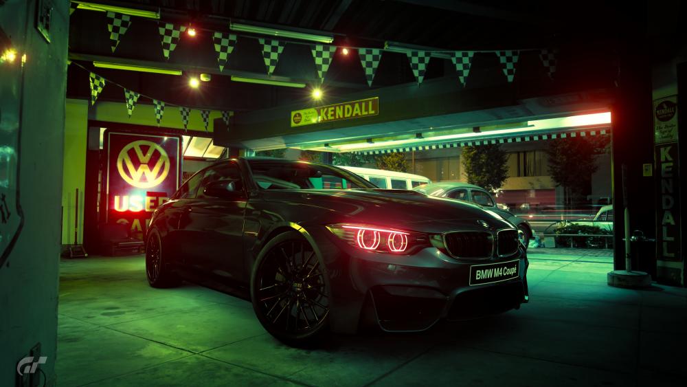 Sleek Green BMW in Neon-Lit Garage wallpaper
