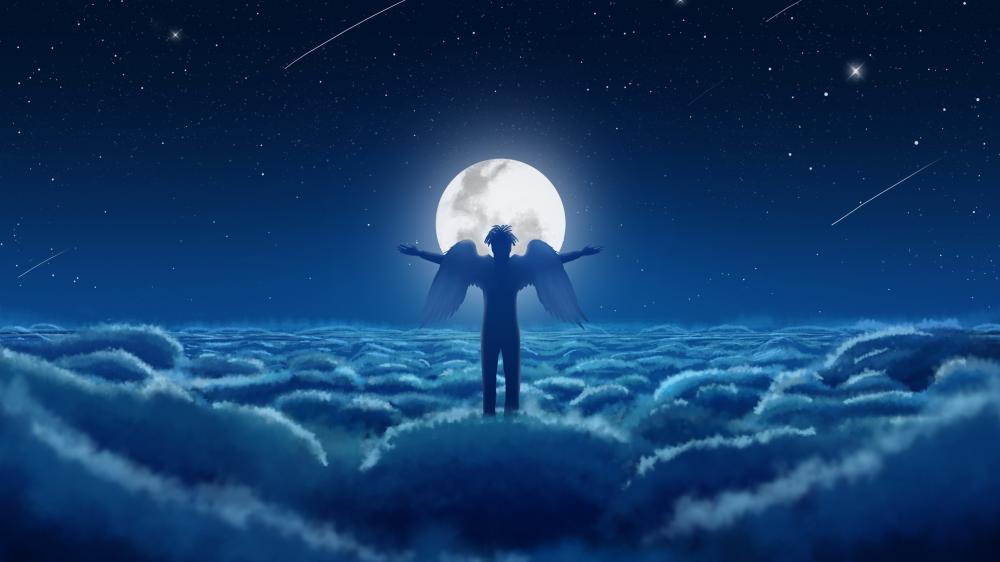 Angel's Vigil in Moonlit Dreamland wallpaper