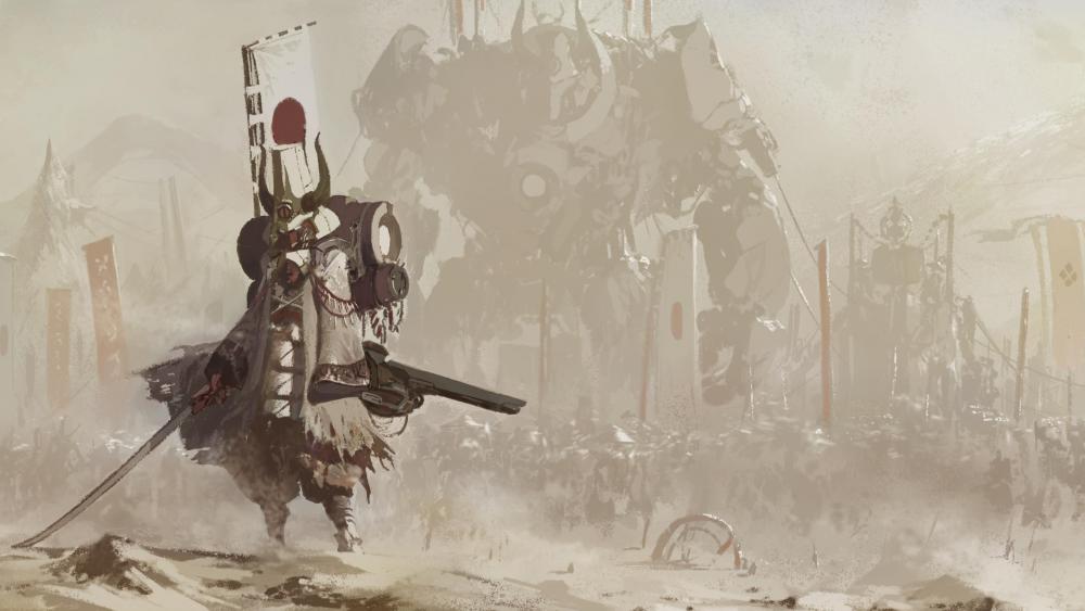 Futuristic Samurai Warrior Amidst Mechanical Titans wallpaper