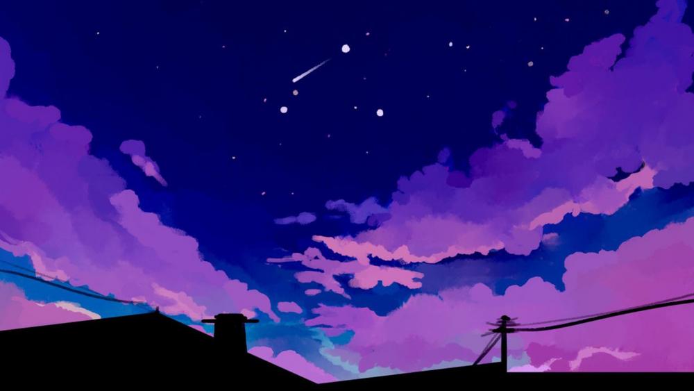 Starry Anime Skies Over Tranquil Town wallpaper