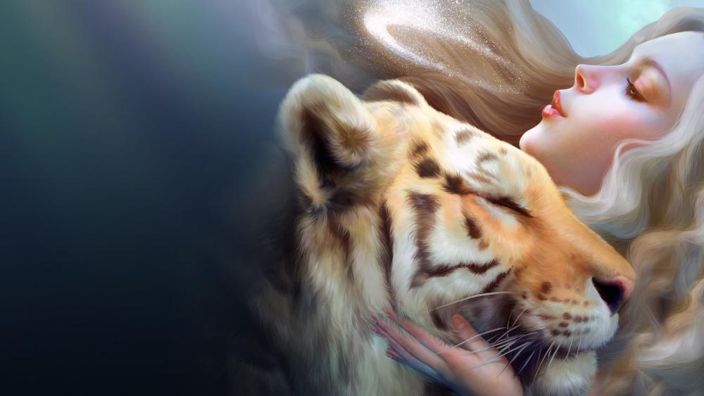 Girl with a tiger wallpaper