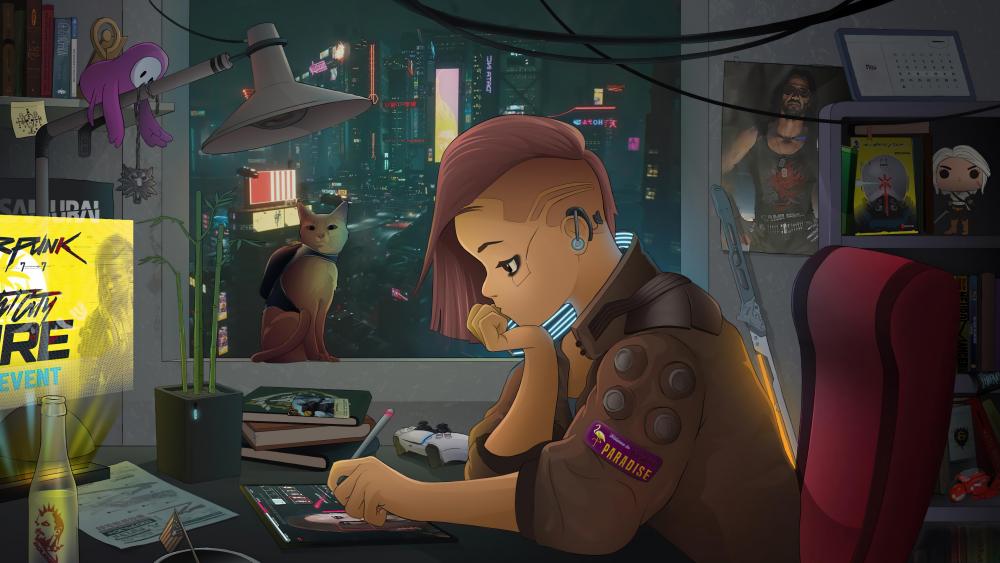 Cyberpunk Study Bliss Amidst Neon Lights wallpaper
