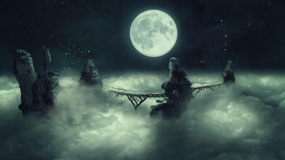 Mystical Moonlight Bridge in the Clouds wallpaper