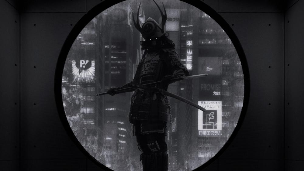 Samurai Gaze Upon a Modern Dystopia wallpaper