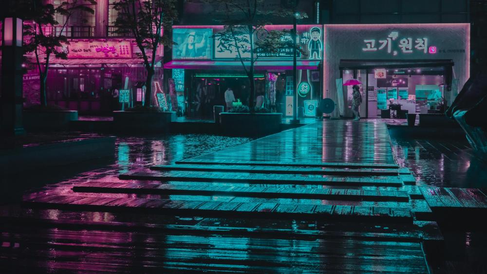 Neon Rain in the City After Dark wallpaper