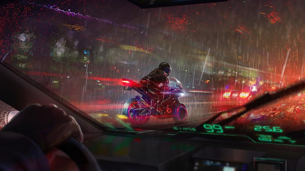Neon Rain Ride Through Cyber City wallpaper