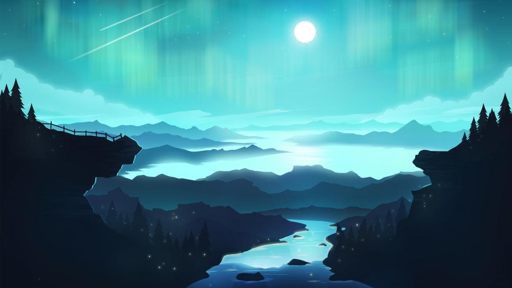 Moonlit Fantasy Landscape with Aurora wallpaper