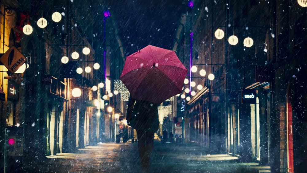 silhouette_umbrella_night_city wallpaper