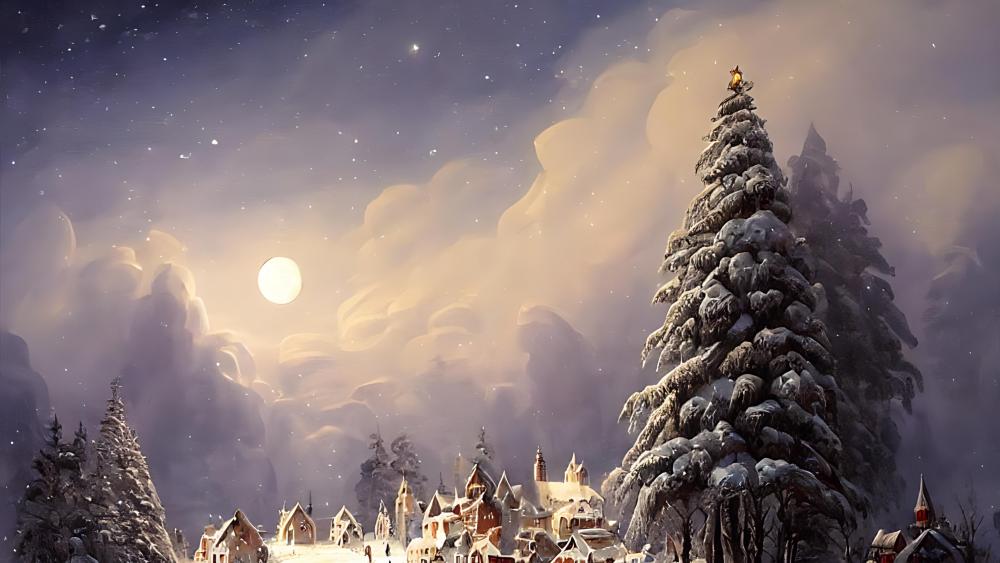 Moonlit Winter Village Fantasy wallpaper