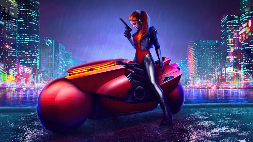 Futuristic Redhead Biker in Neon Metropolis wallpaper