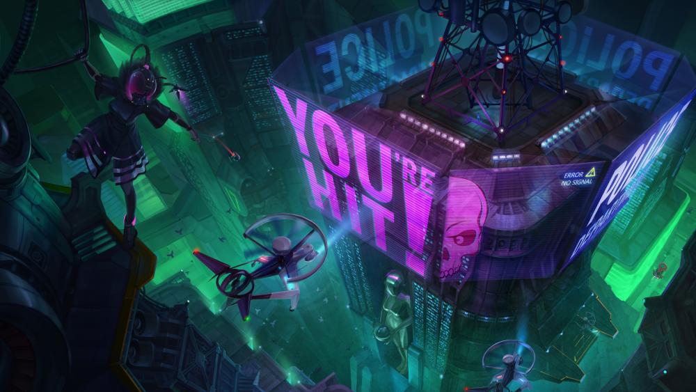 Neon Metropolis Under Watchful Eyes wallpaper