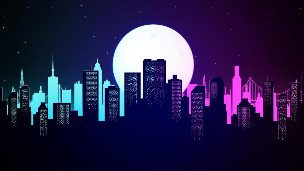 Synthwave City Under the Full Moon wallpaper