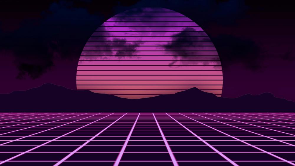 Retro Neon Sunset in Digital Landscape wallpaper