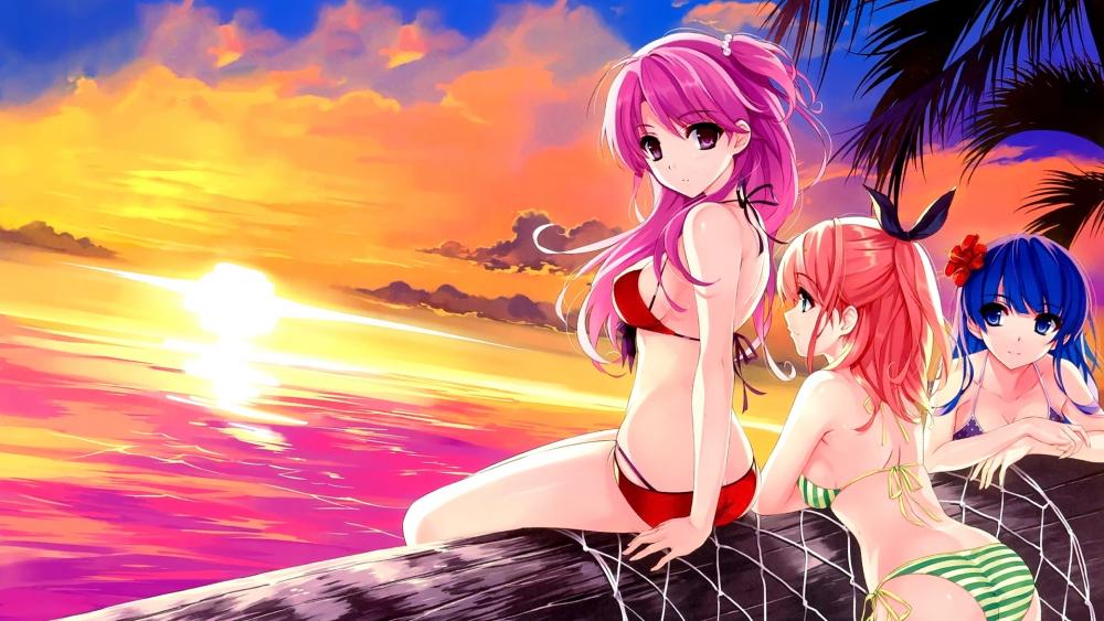 Anime girls on beach wallpaper