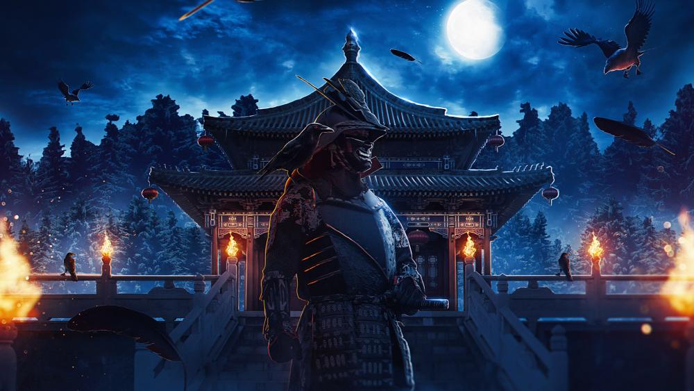 Samurai Warrior Under the Full Moon wallpaper