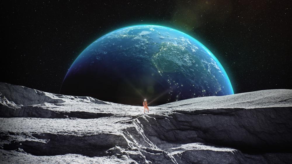 Lost Astronaut Gazing at Distant Earth wallpaper