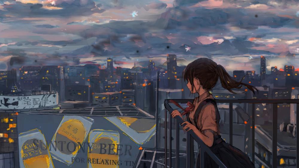 Lofi Anime Evening Over the Cityscape wallpaper