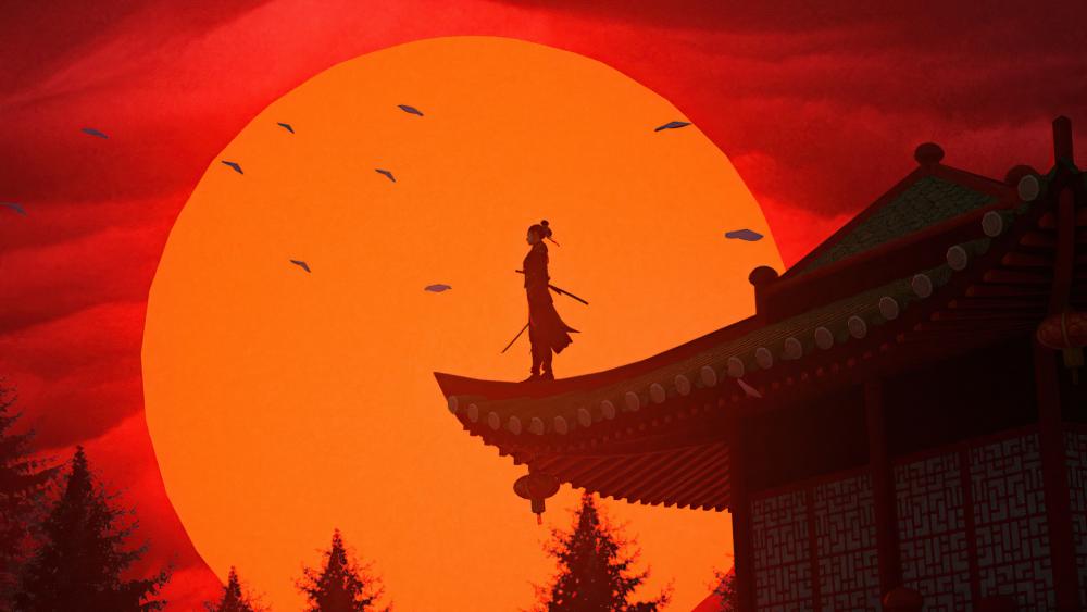 Silhouette of a Samurai at Sunset wallpaper