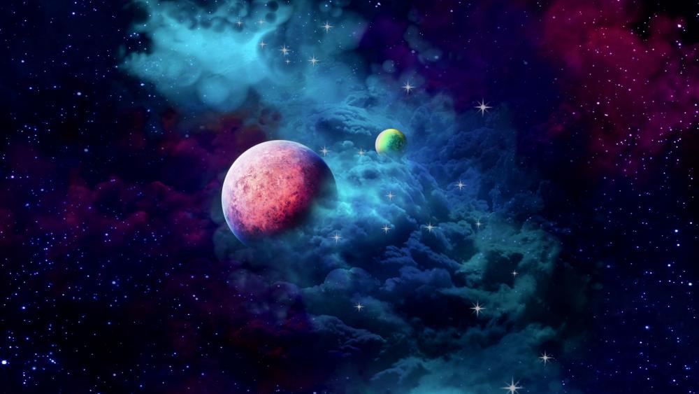Mystic Planets Amidst Cosmic Nebula wallpaper