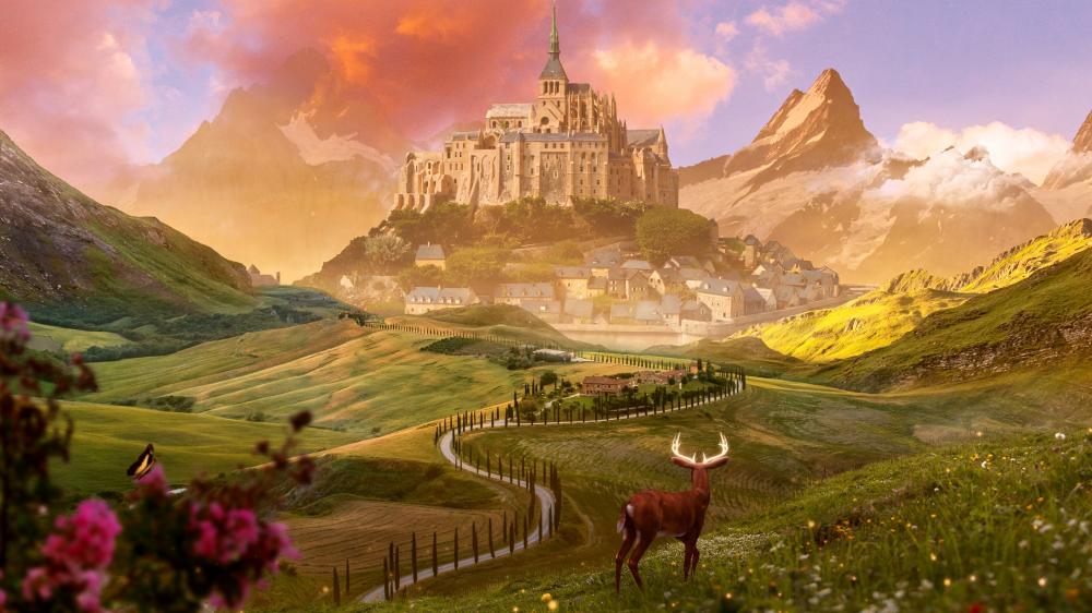 Enchanted Castle Amidst Majestic Mountains wallpaper