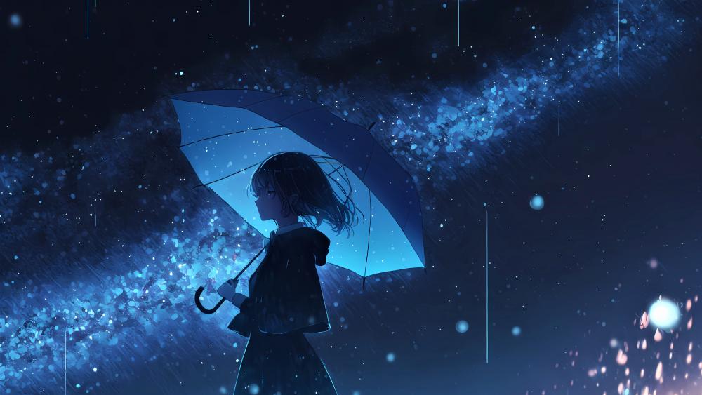 Starry Night Reverie with Blue Umbrella wallpaper