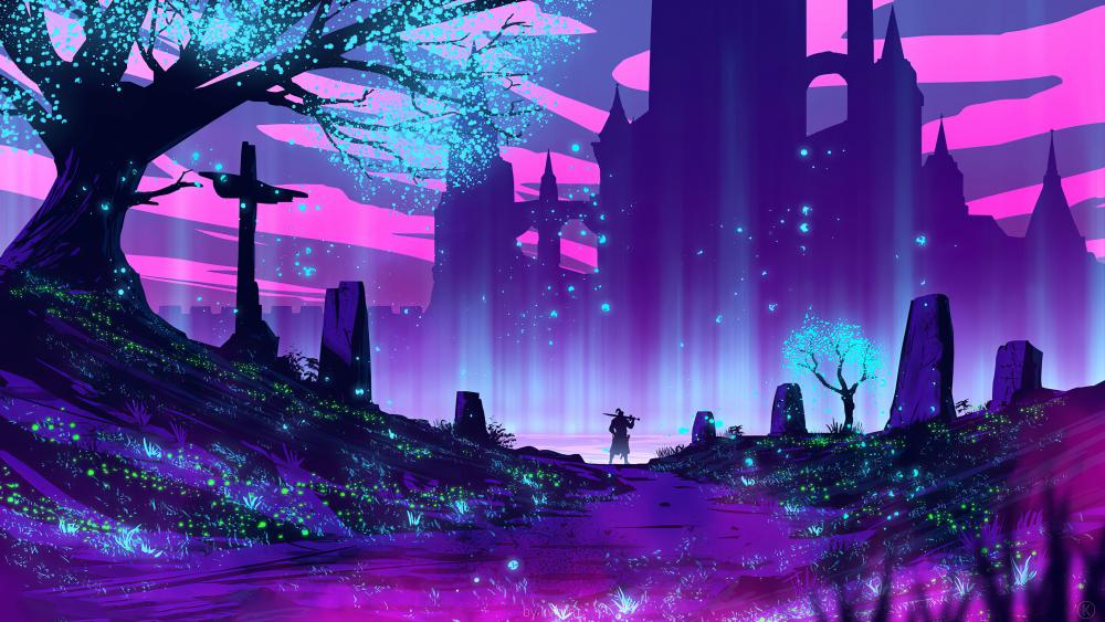 Neon Samurai Fantasy Landscape wallpaper