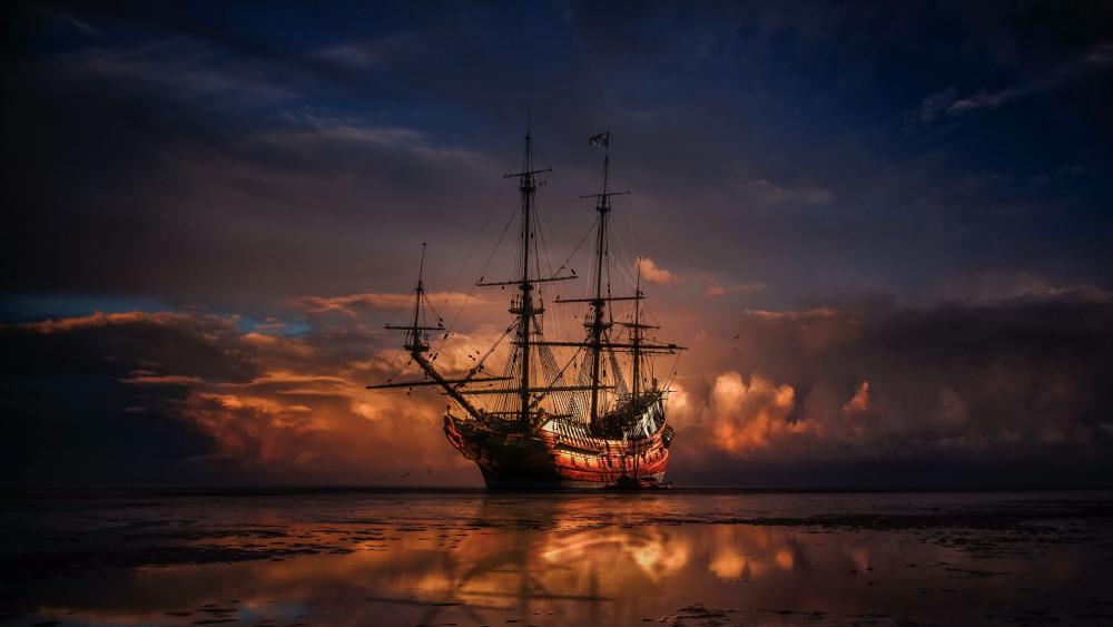Sailing into the Sunset on the Mystic Seas wallpaper