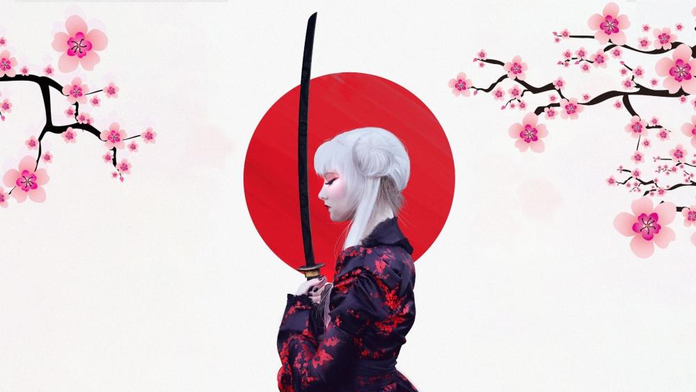 Sakura Samurai Girl in Spring Blossom wallpaper