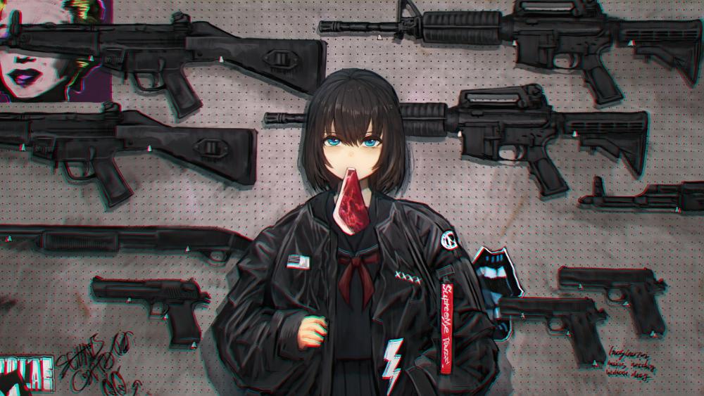 Anime Schoolgirl Armed to Impress wallpaper