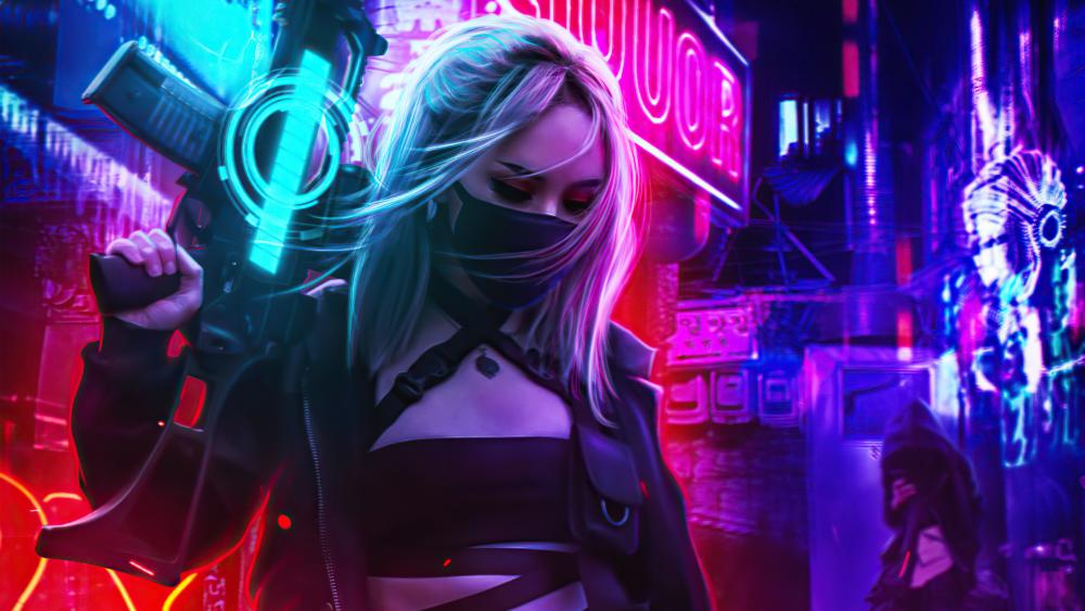 Neon Cyberpunk Warrior in Dystopian Cityscape wallpaper