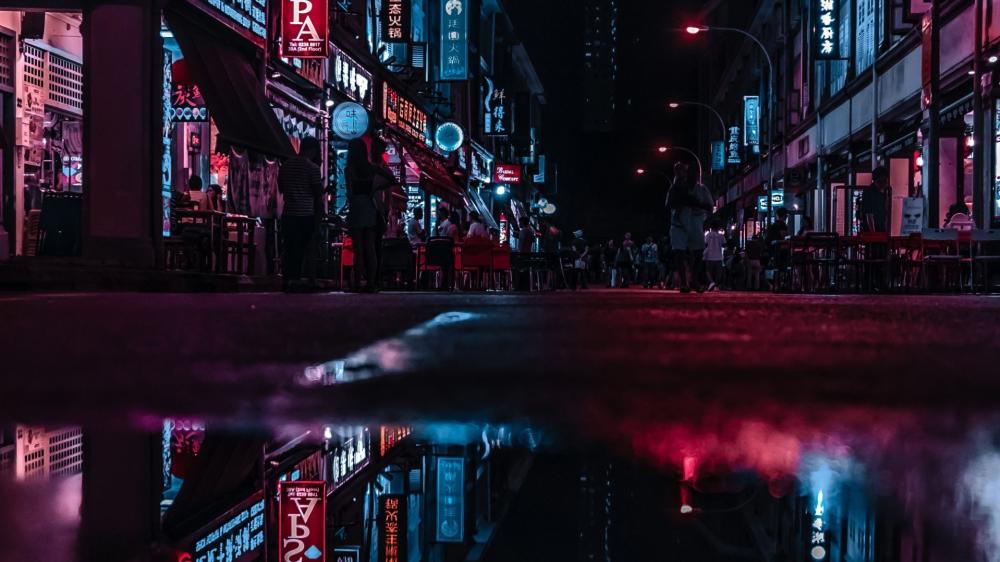 Neon Nightscape Puddle Reflection wallpaper