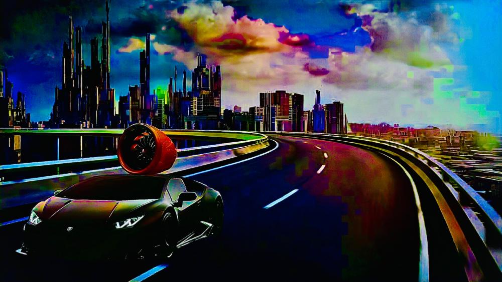 Rainbow city w/ Lamborghini add jet turbine wallpaper