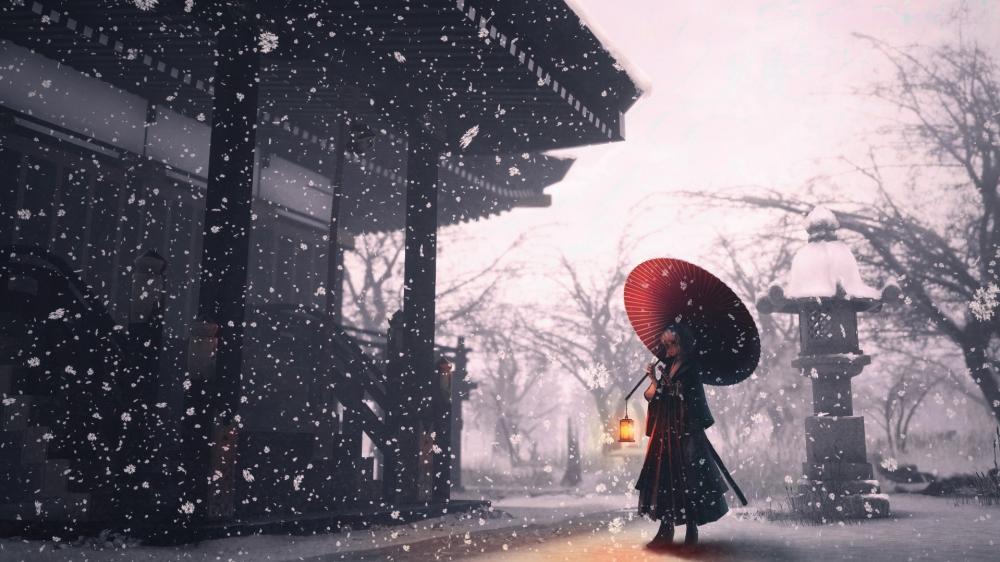 Samurai Girl in Snowfall Serenity wallpaper
