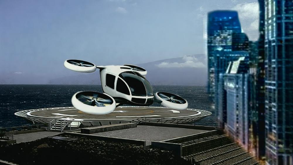 Futuristic city w/ hovercopter wallpaper