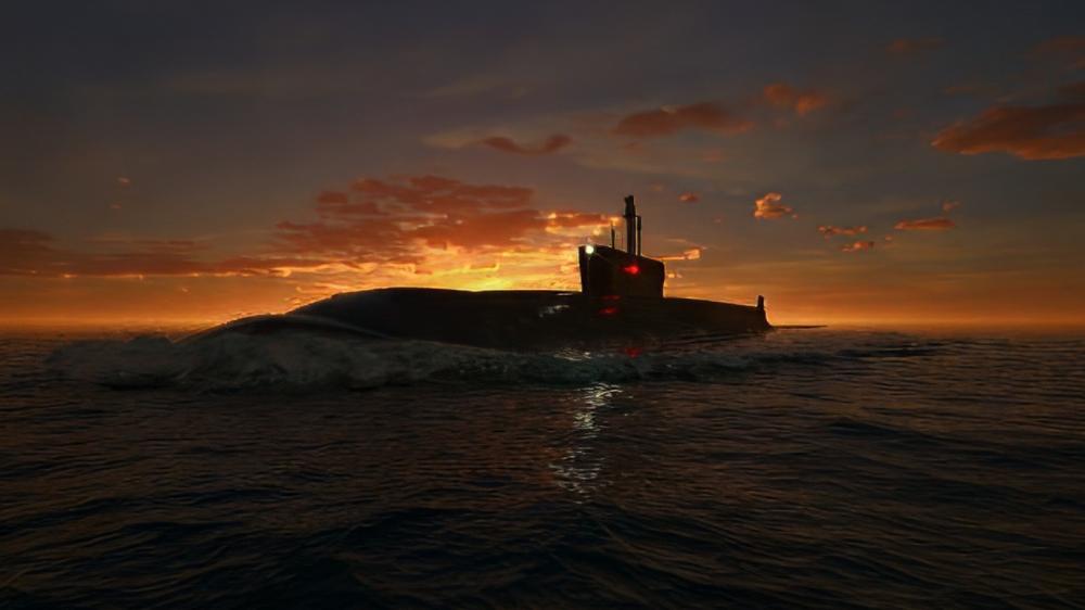 Submarine cruising during beautiful sunset wallpaper