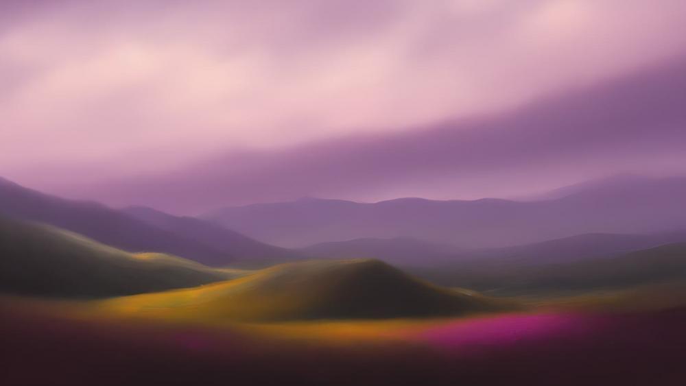 A hilly landscape with purplish-pink pencil highlights wallpaper