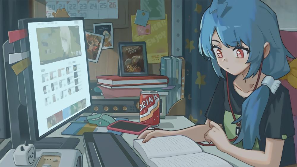 Serene Study Session with Blue-Haired Anime Girl wallpaper