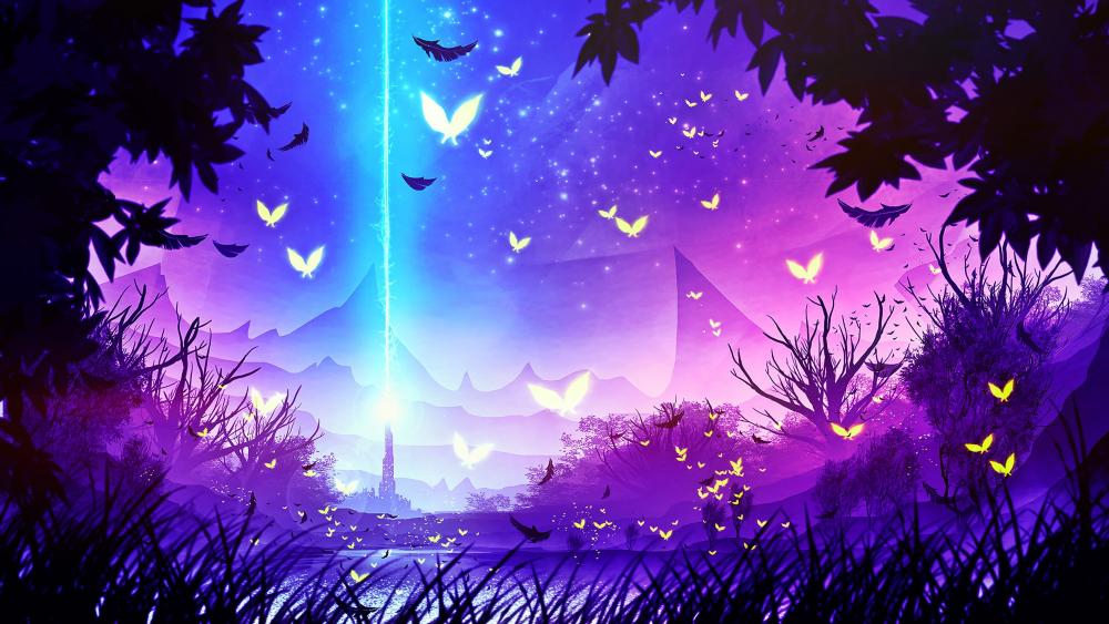 Mystical Neon Butterfly Valley wallpaper