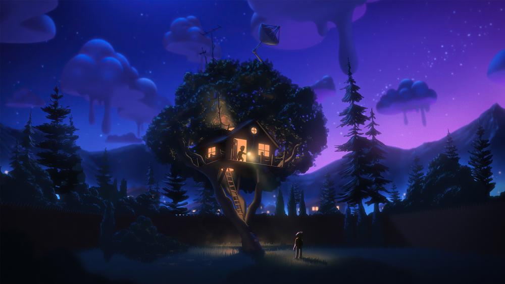 Enchanted Treehouse Retreat Under Starry Skies wallpaper