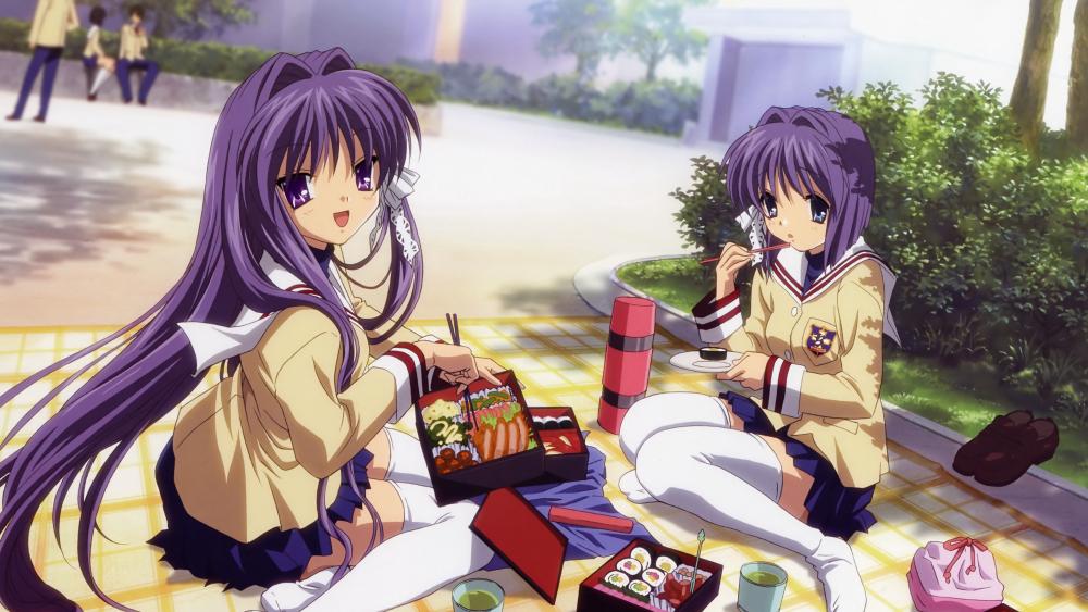 Anime Spring Picnic with Purple-Haired Girls wallpaper