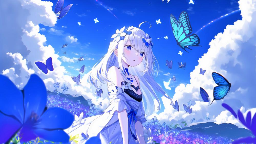Enchanted Butterfly Companion in Blue Blossom Field wallpaper