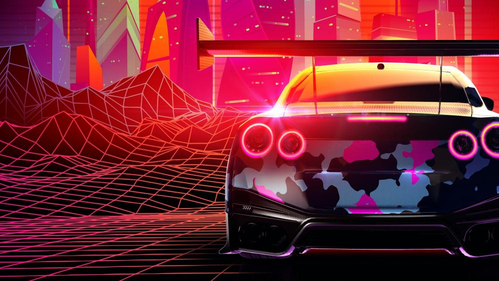 Neon Nightscape with Nissan GT-R Silhouette wallpaper