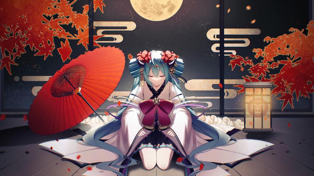 Hatsune Miku in Traditional Kimono Under Moonlight wallpaper