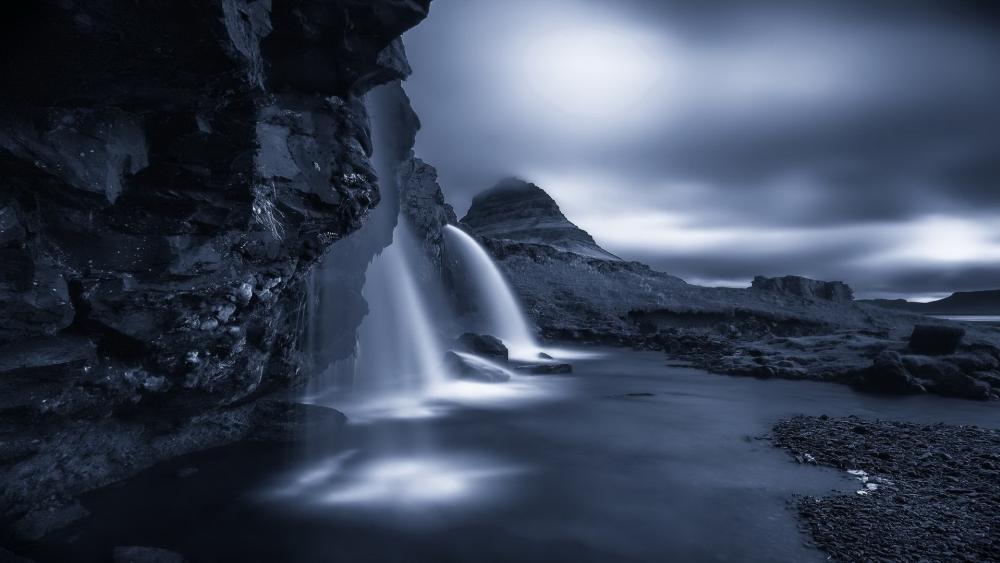 Kirkjufells waterfall monochrome photography wallpaper