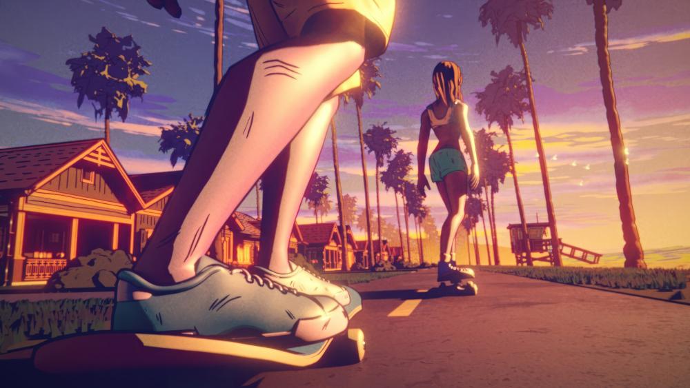 Sunset Skateboarding Session in Anime Town wallpaper