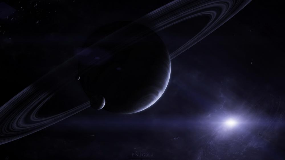 Ringed planet and it's moon wallpaper