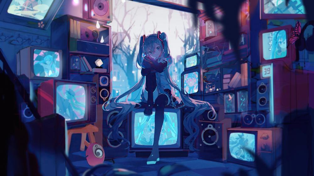 Hatsune Miku in a Realm of Retro Screens wallpaper