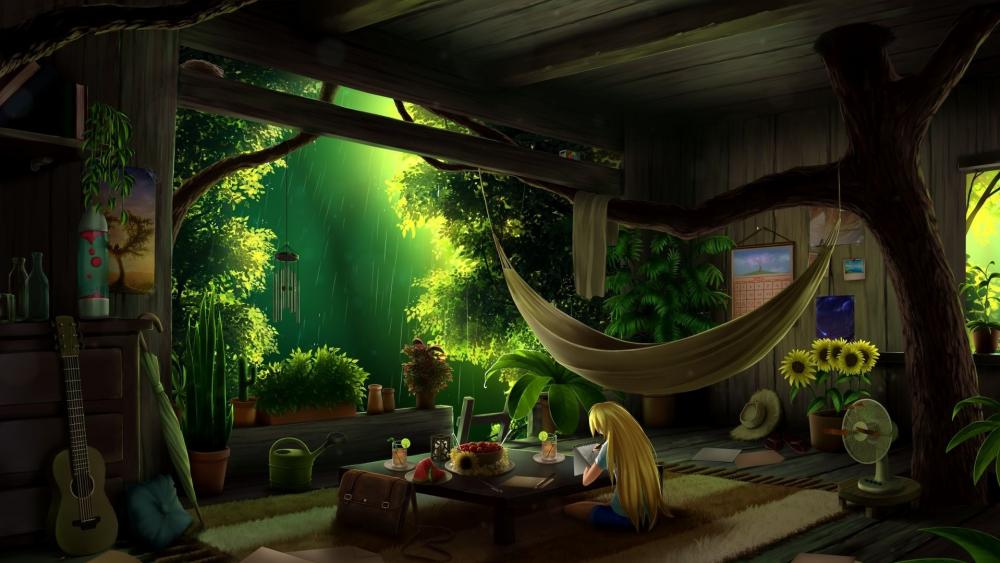 Tranquil Anime Treehouse Retreat wallpaper