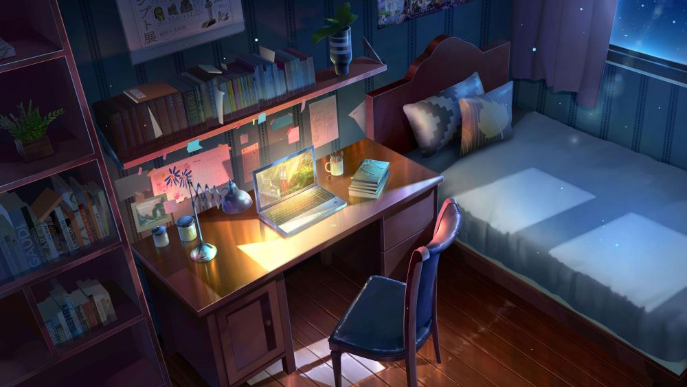 Cozy Anime Nighttime Study Space wallpaper